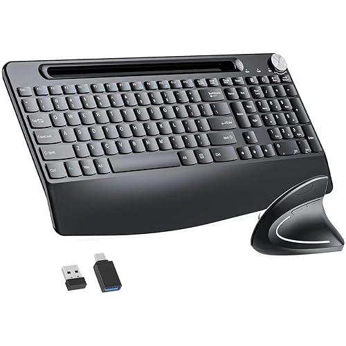 Sksyloo Full-Size Ergonomic Keyboard and Mouse, 2.4GHz Wireless Keyboard and vertical Mouse with Tablet Phone Holder, Wrist Rest for Computer Mac PC