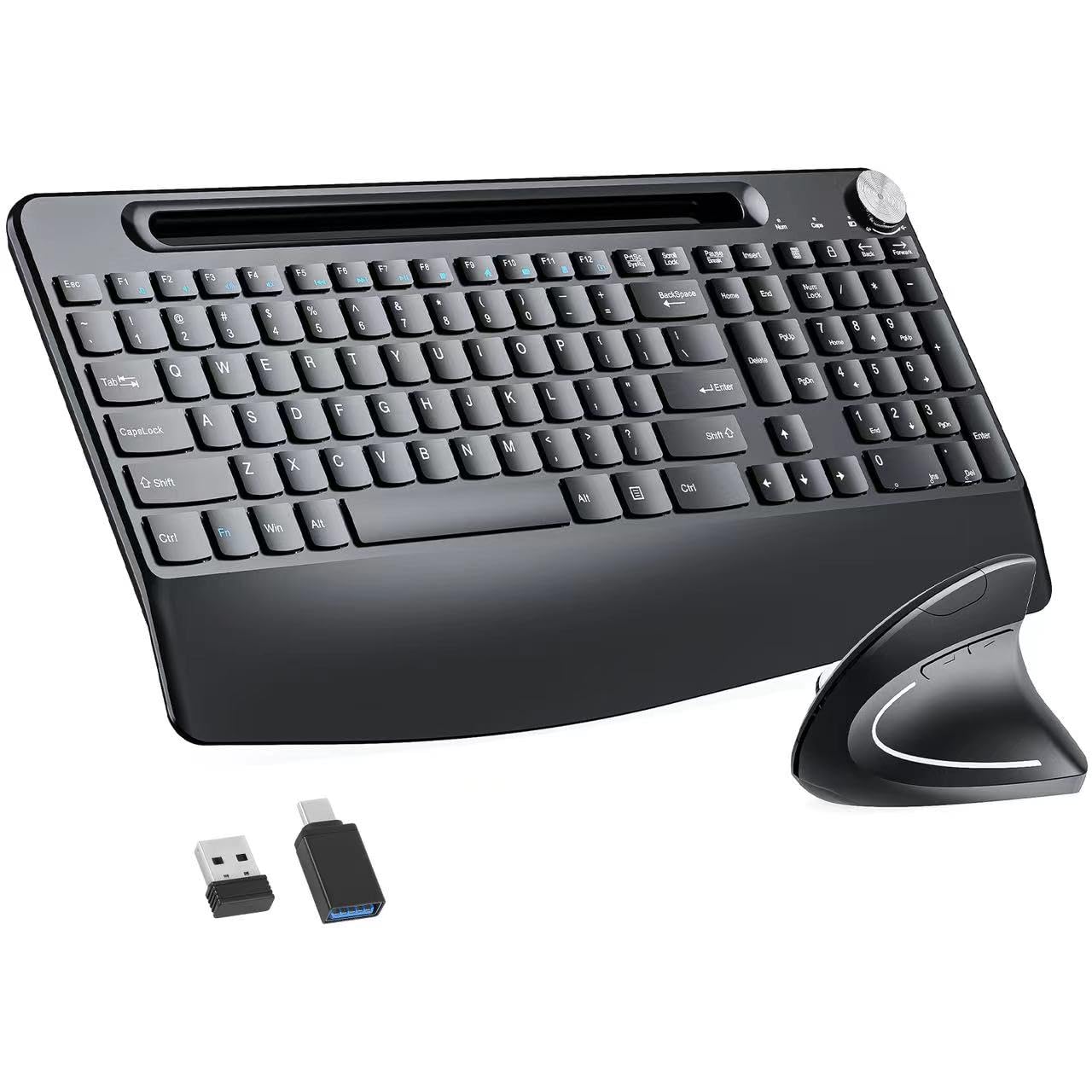Sksyloo Full-Size Ergonomic Keyboard and Mouse, 2.4GHz Wireless Keyboard and vertical Mouse with Tablet Phone Holder, Wrist Rest for Computer Mac PC