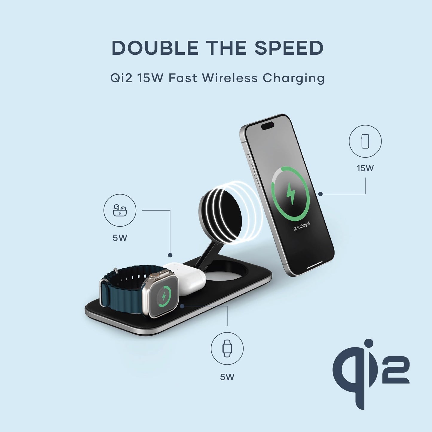 Satechi Qi2 Trio Wireless Charging Pad, 3 in 1 Wireless Charging Station, Qi2 15W Fast Charger for iPhone 17/16/15/14/13/12, 5W for AirPods and 5W