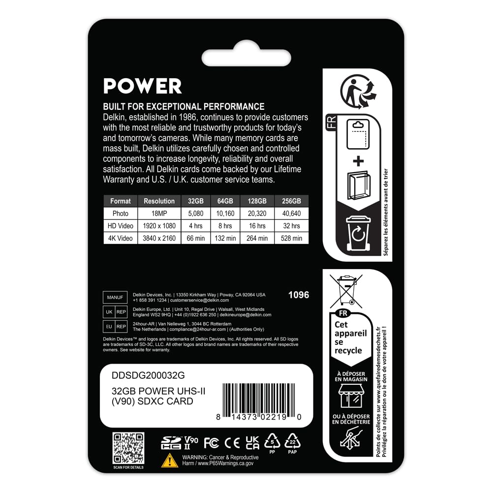 Delkin Devices Power 32GB SDHC UHS-II (U3/V90) Memory Card - 300MB/s Read, 250MB/s Write | High-Performance Card for 8K, 4K, HDR, 360º Video