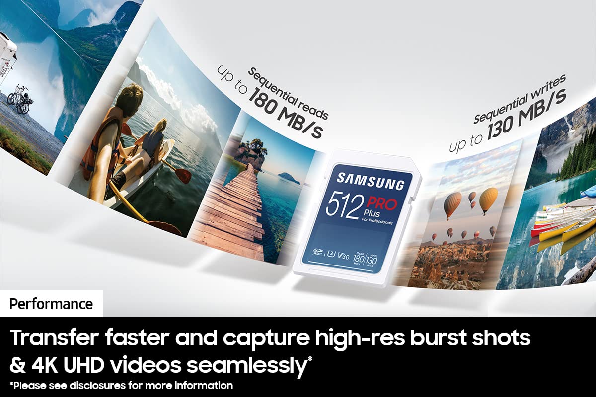 Samsung PRO Plus Full Size 512GB SDXC Memory Card + Reader, Up to 180 MB/s Reads/Writes, Full HD & 4K UHD, UHS-I, C10, U3, V30 for DSLR, Mirrorless
