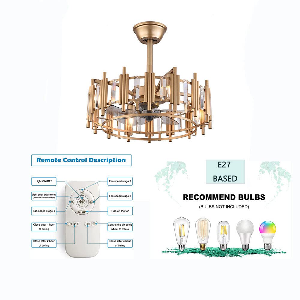 DRIKH 20" Ceiling Fan Light,Fixture Matte Gold Flush Mount Chandelier Lamp with Remote Control 3-Speed Wind Speed for Living Room Dining Room Bedroom