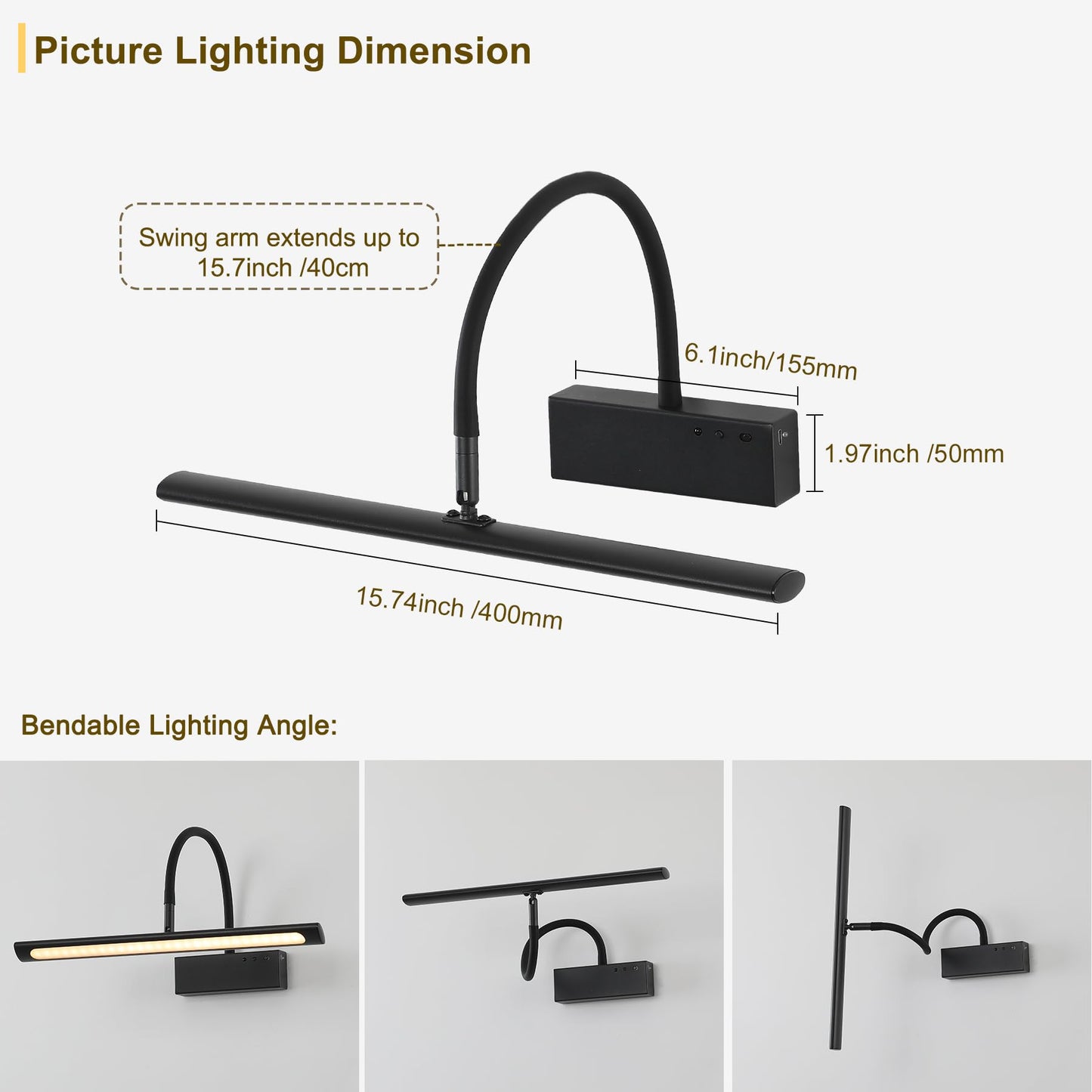 JOOSENLUX Wireless Picture Light with Remote Control Battery Powered Art Light 15.75 Inch Black Gallery Light Dimmable and Timer Function