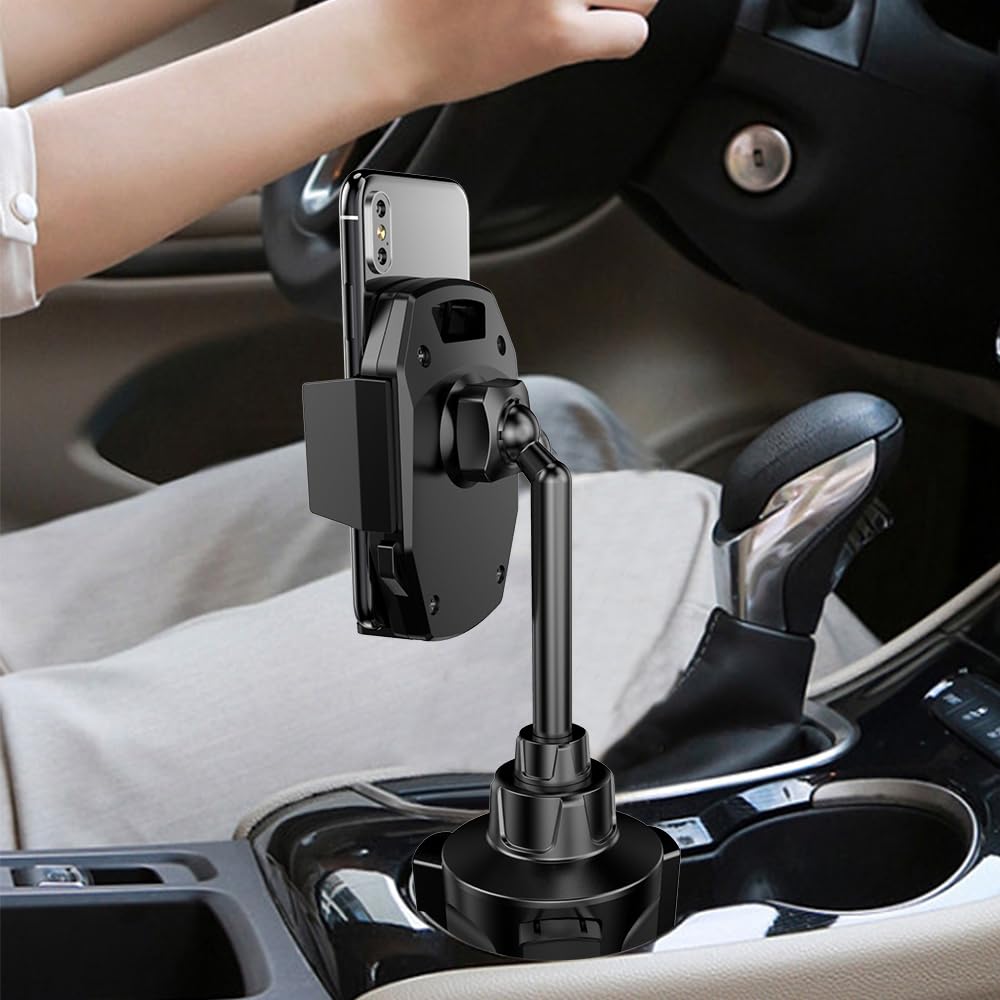 Car Cup Holder Phone Mount, 360° Rotating Clip, Retractable Rotatable Rod, One-Touch Operation, Anti-Shake Car Phone Holder Fit 2.76-3.78in Base