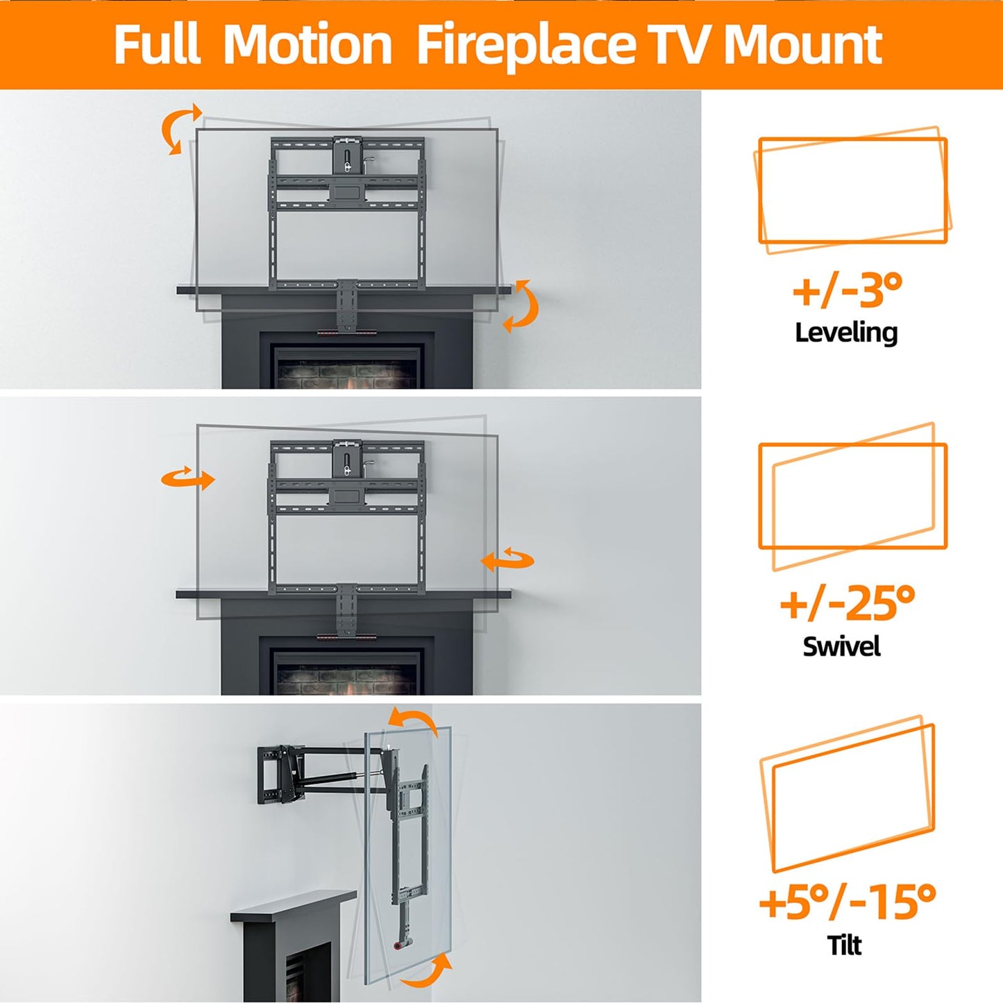 Pull Down TV Mount for Fireplace, Height Adjustable for Most 43-80 Inch TVs, Max VESA 600x400mm up to 80lbs, Full Motion Articulating Above Mantle