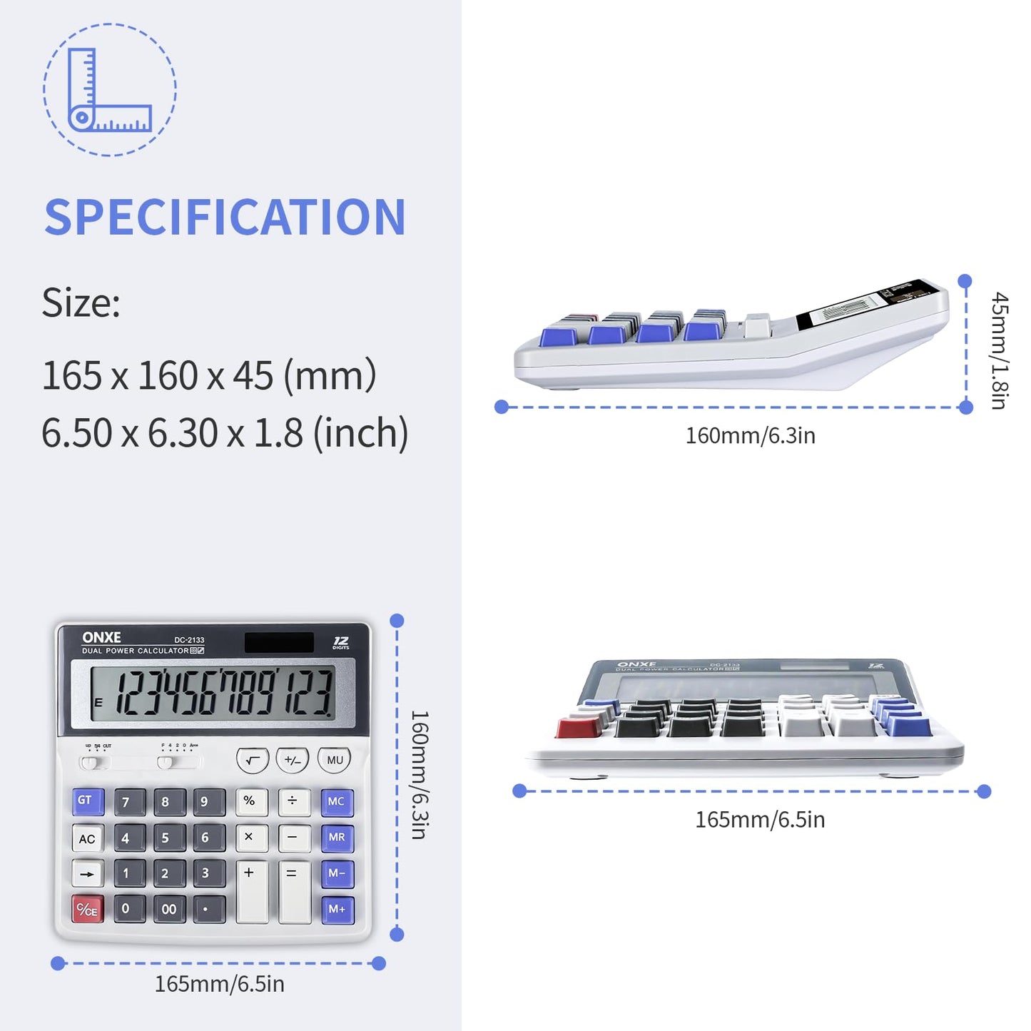 ONXE 12 Digit Desk Calculator,Calculators Desktop with Extra Large 4.9" LCD Display & Big Buttons, Solar & Battery Dual Power, Standard Basic 4