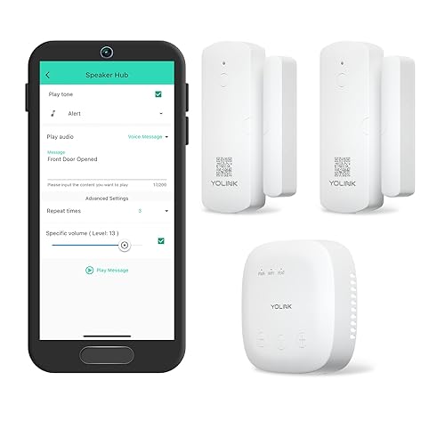 YoLink LoRa Smart Door Sensor Starter Kit: SpeakerHub Audio Hub & 2 Door Sensors - Up to 1/4 Mile Range, Door Left-Open Reminders, up to 5 Year
