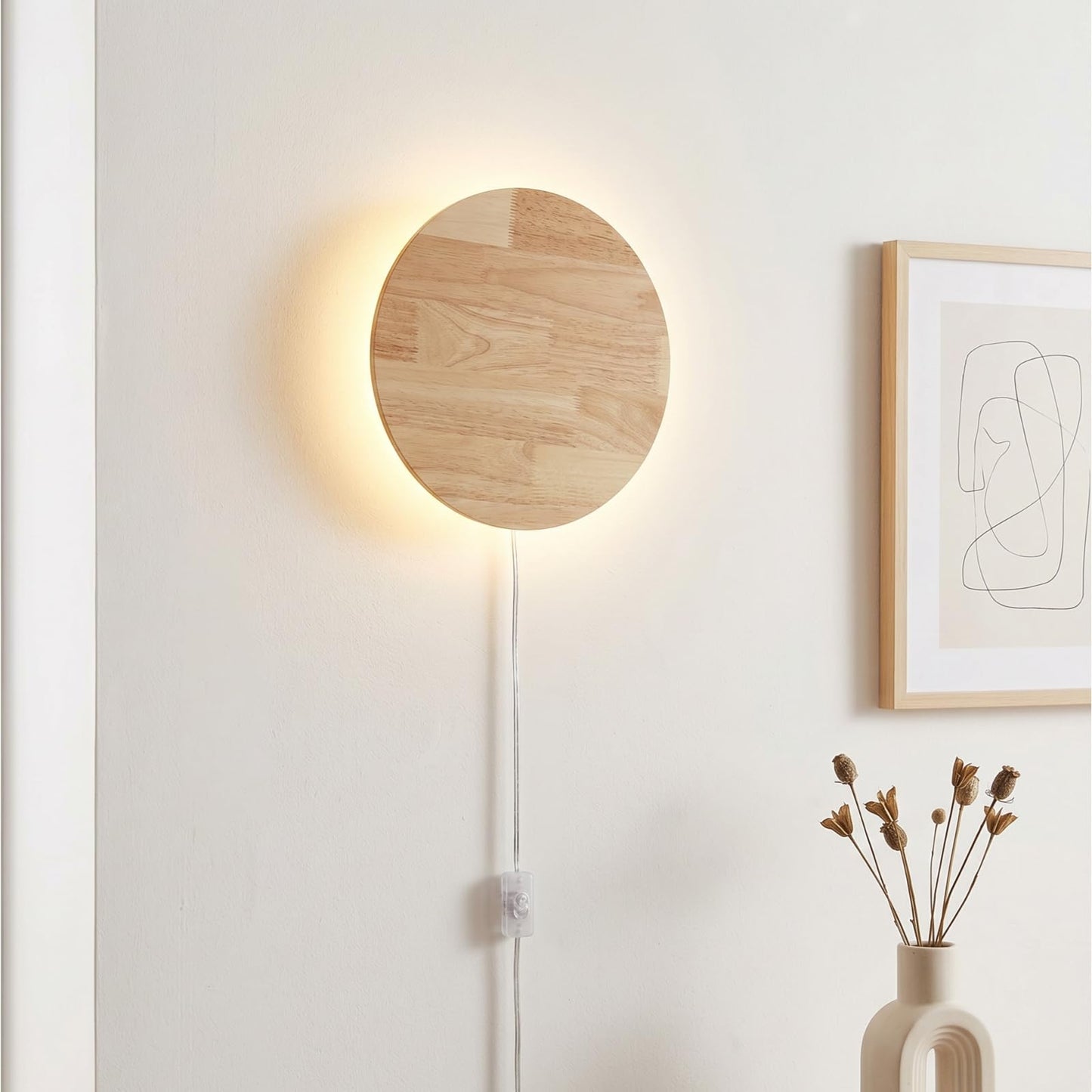 Modern Minimalist Plug-in LED Wall Sconce, 11.8'' Round Solid Wood Backlit Wall Lamp, Plug-in/Hardwired Option Wall Light Fixture for Bedroom, Living