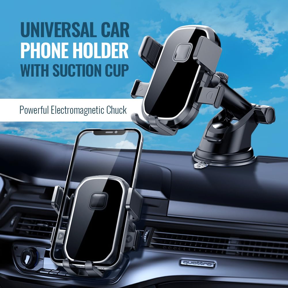Upgraded 3-in-1 Phone Holders for Your Car, Heavy-Duty Car Phone Mount for Dashboard, Windshield & Vent, Universal Cell Phone Holder for iPhone