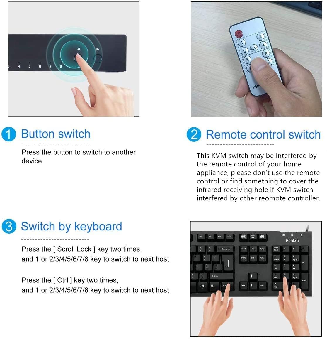 KVM Switch 8 Ports with Hotkey, 8 in 1 Out USB 2.0 HDMI KVM Switcher Support 4K@30Hz for 8 PC Share Keyboard and Mouse, Compatible