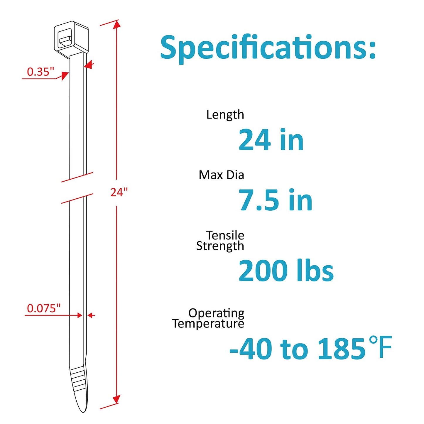Long Zip Ties Heavy Duty 24 inch, Large Zip Ties with 200 lbs Tensile Strength, Big Cable Ties, Black, 50 Pack, by GAIIAN