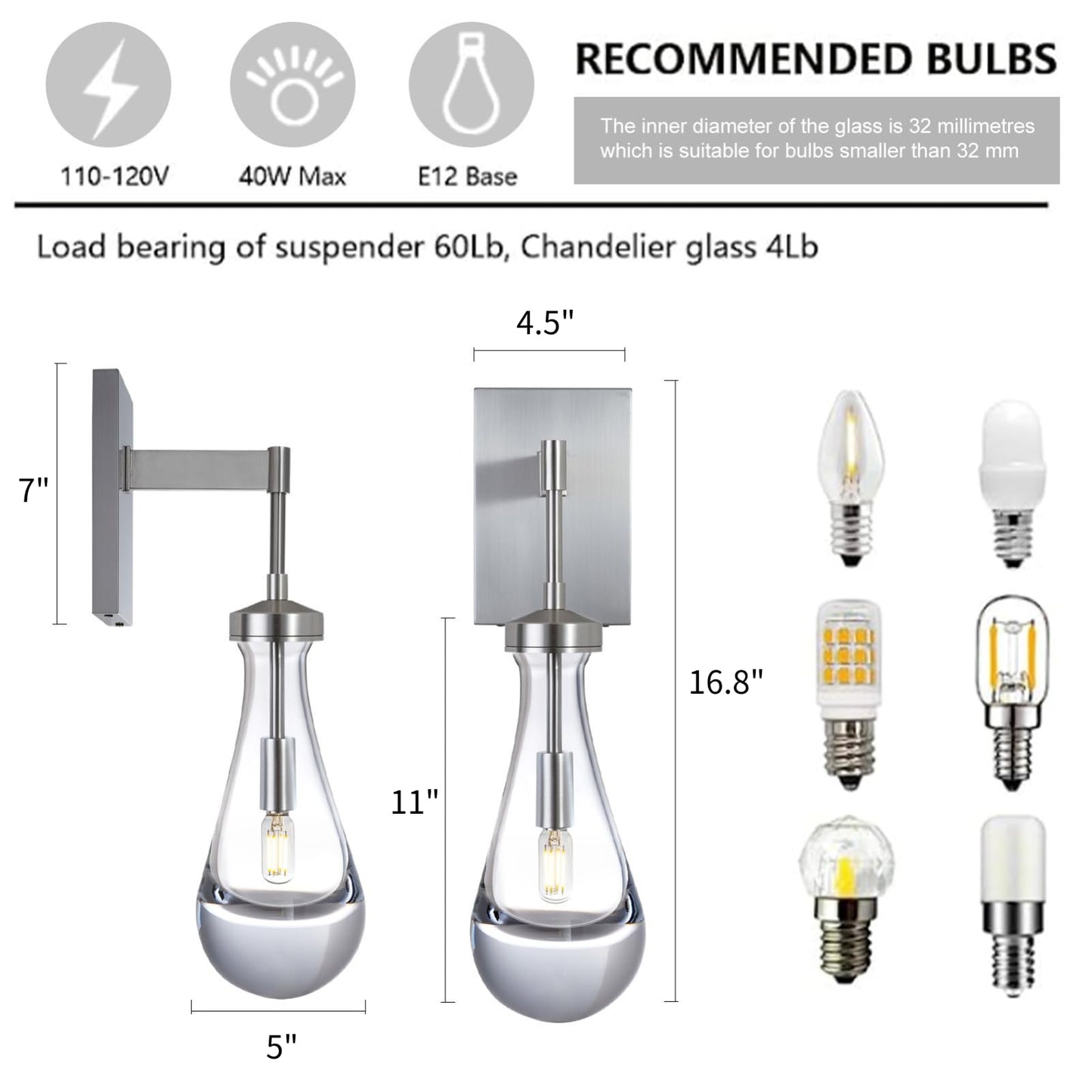 Joyunleo Nickel Wall Sconces, Modern Raindrop Light Fixtures for Bedroom, Lighting Bedside Wall Mounted Lamp, Wall Lighting for Bathroom, Living Room