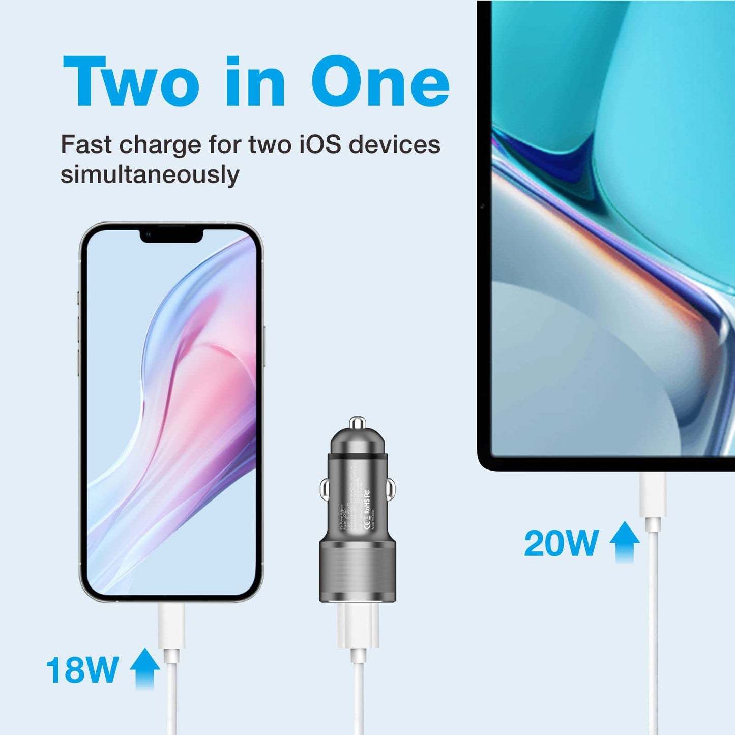 MOCA 38W Fast Car Charger, 2-Port PD/QC 3.0 All Metal Car Power Adapter W/2 PCS 3.3ft PD Lightning Cord Quick Charging for iPhone 17/16/15 Series