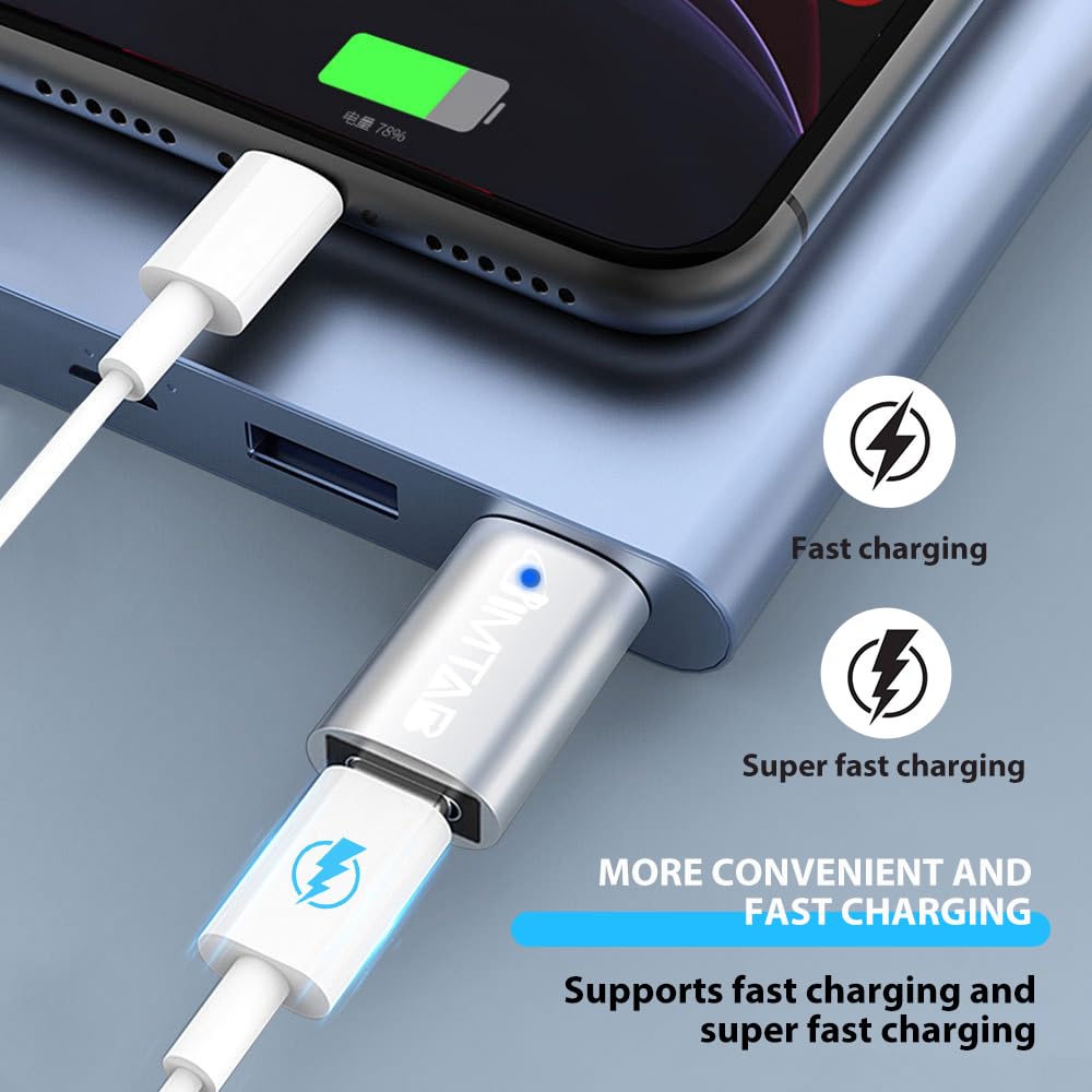 JIMTAB USB to USB C Converters (Aluminum Alloy 4 Pack), USB C to USB Chargers Adapter USB 3.0 with Blue Light Super High-Speed Data Transfer & FastâŠ