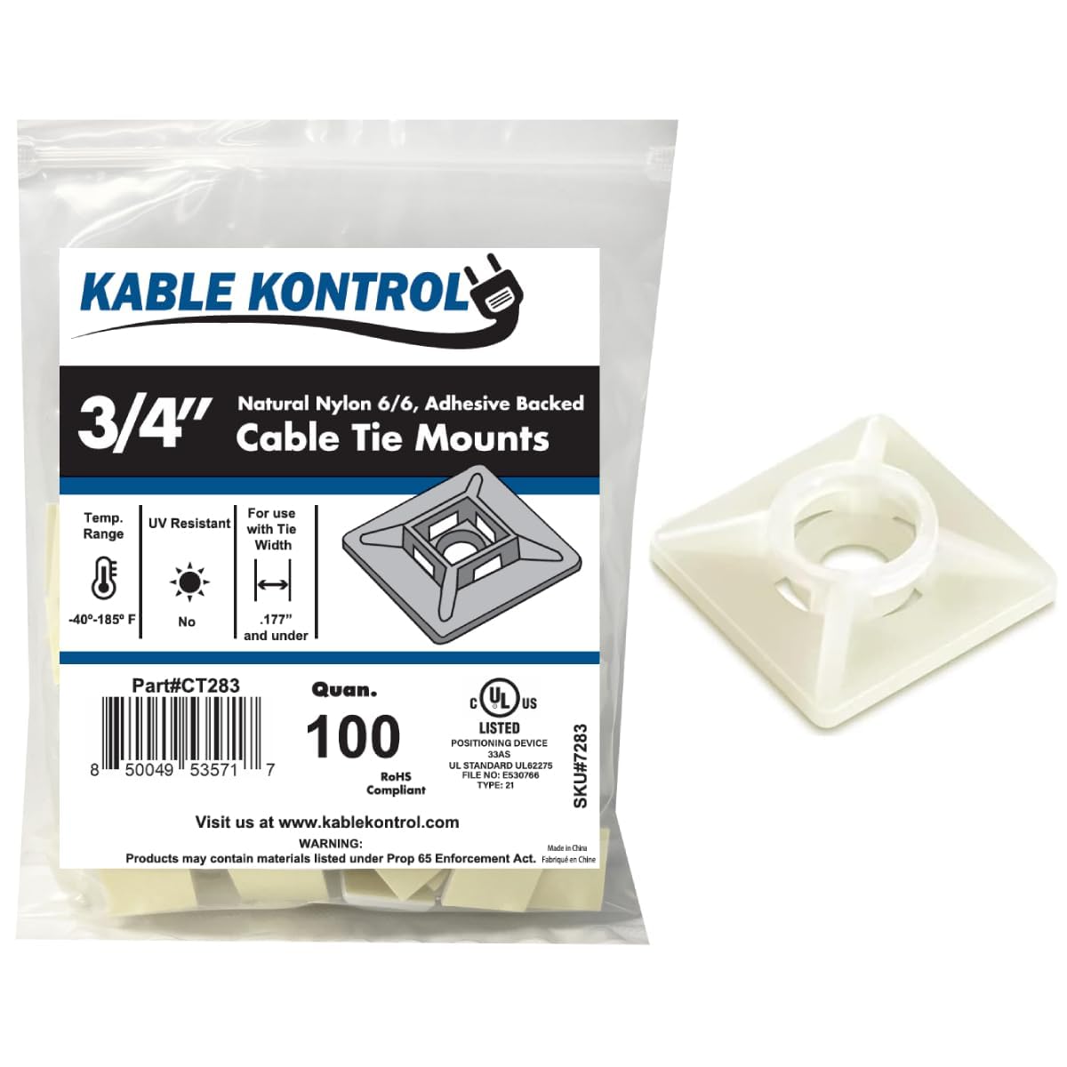 Kable Kontrol Zip Tie Mounts, 3/4” Sq, Natural White, 100 Pcs, Adhesive Backed Multi-Purpose Mounting Squares Nylon Cable Tie Wrap Anchor Pads