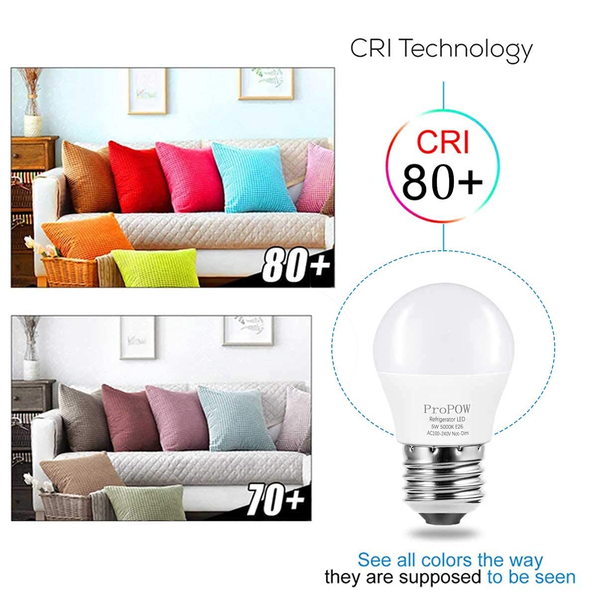 ProPOW LED Refrigerator Light Bulb, 120V A15 Fridge Bulbs 5 Watt White 5000K E26 Medium Base, Energy Saving Ceiling Home Lighting, Not-Dim, 2 Pack