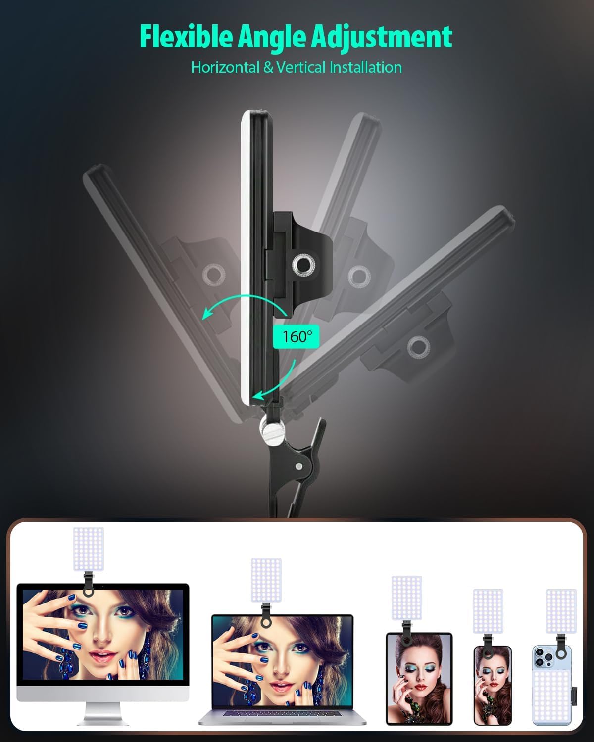 60 LED Portable Selfie Light Video Conference Lighting with Clip & Camera Tripod Adapter Rechargeable 2000mAh CRI 97+, 3 Light Modes for Phone iPhone
