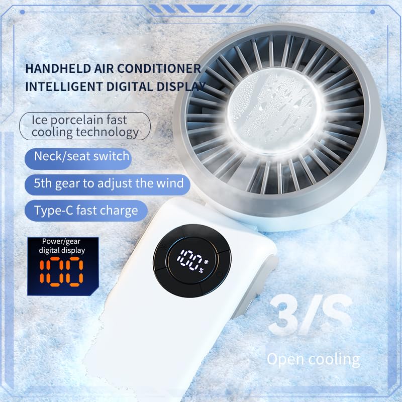 Portable Handheld Fan, 3 IN 1 Rechargeable Personal Fan with 5 Speed Wind, 4000mAh Battery, Digital Display, 90° Foldable Rapid Cooling Small Fan Desk