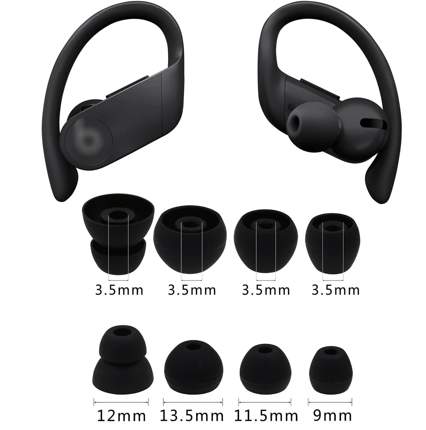Replacement Earbud Tips for Beats Powerbeats Pro Wireless Stereo Headphones - 4 Pairs - Small, Medium, Large, and Double Flange (Black)