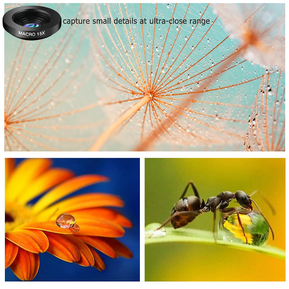 Phone Camera Lens Kit, 11 in 1 Cellphone Lens Kit for iPhone and Android, 0.63X Wide Angle+15X Macro+ 198°Fisheye+Telephoto+CPL/Flow/Radial/Star/Soft