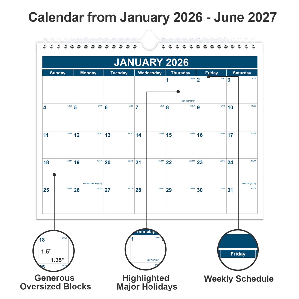 Calendar 2026-2027 - Monthly Wall Calendar from July 2026 - June 2027, Spiral Binding Hanging Wall Calendar 2026 for Home/Office, 8.5" x 11", Blue