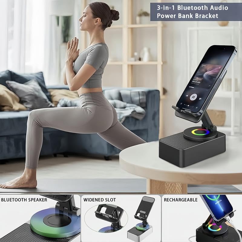 Wireless Audio Bluetooth Speaker 5in1 Phone Holder Emergency Rechargeable withColorful Ambient Light 300° Foldable for Tablet iPhone Android, Gifts