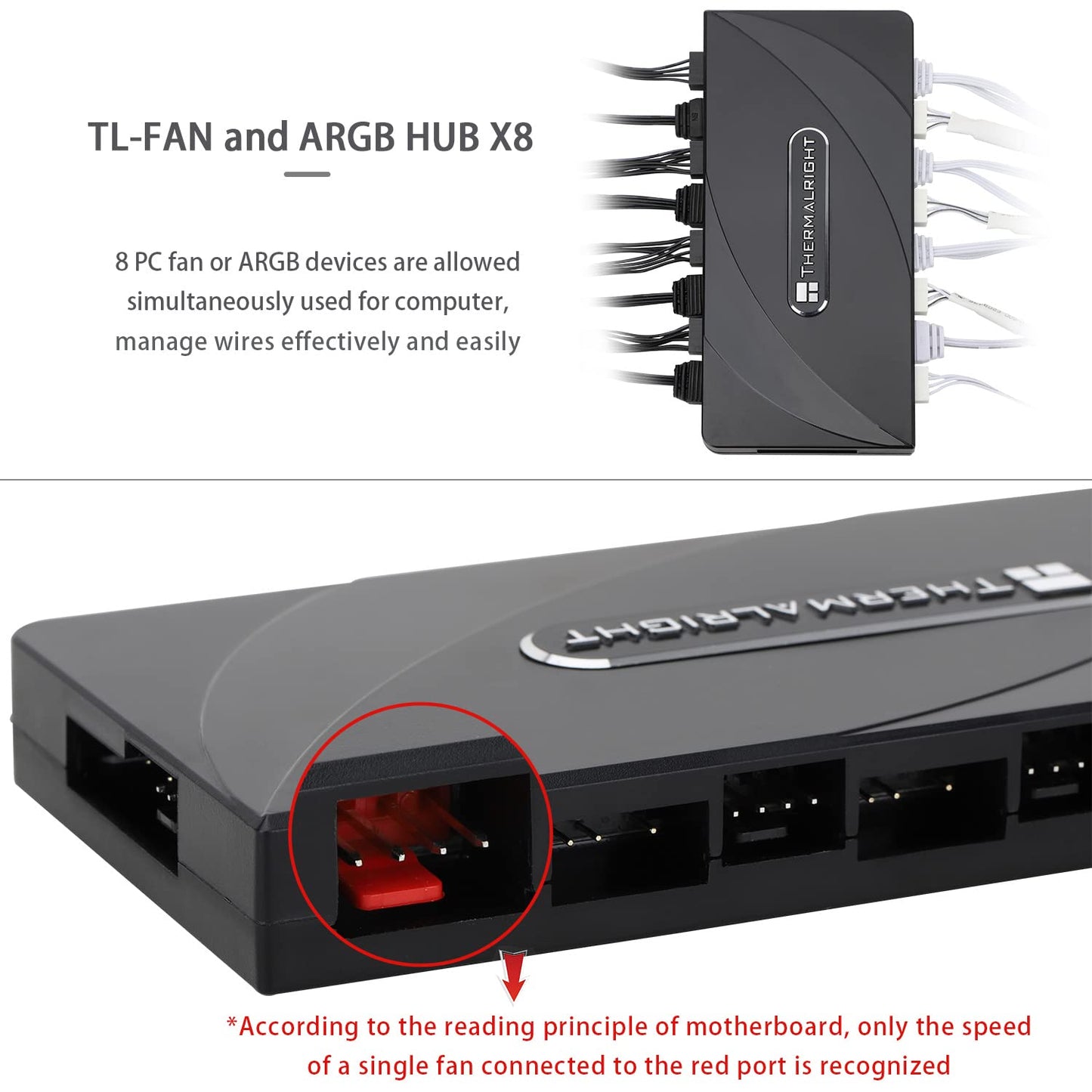 Thermalright ARGB Fan HUB Controller Support 8 Groups of Fans, 8-Port 4 Pin PC Fan Controller, 5V-3Pin ARGB Hub, Strong Paste+Magnetic Suction, SATA
