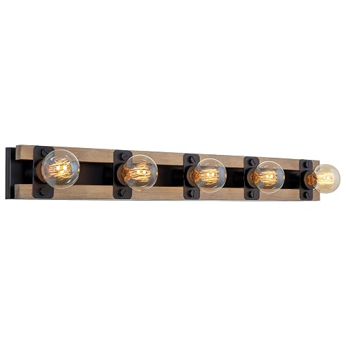 Kira Home Hogan 36" 5-Light Modern Farmhouse Vanity Light with Hand-Painted Wood Grain Metal, Rustic Wood Look Racktrack Bathroom Bar, Smoked Birch