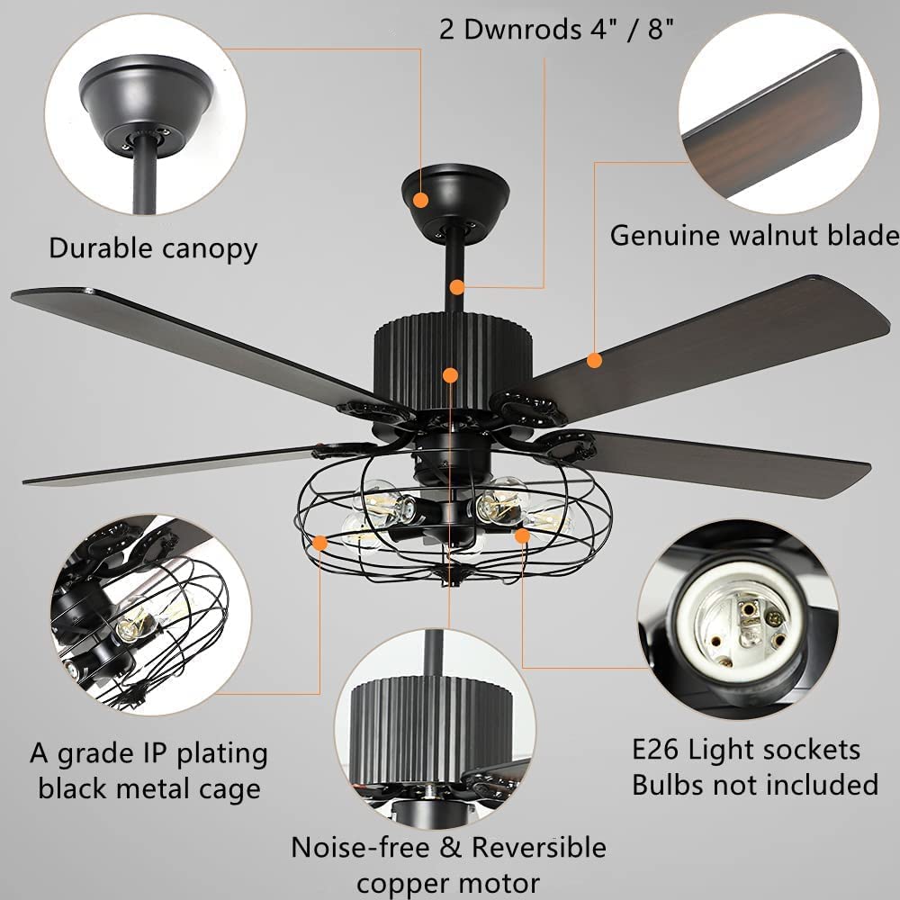 efperfect 52Inch Industrial Ceiling Fan with Light, Vintage Metal Cage Ceiling Fans Reversible Retro 5 Wood Blades Remote 3 Speeds Timer Light Fixture