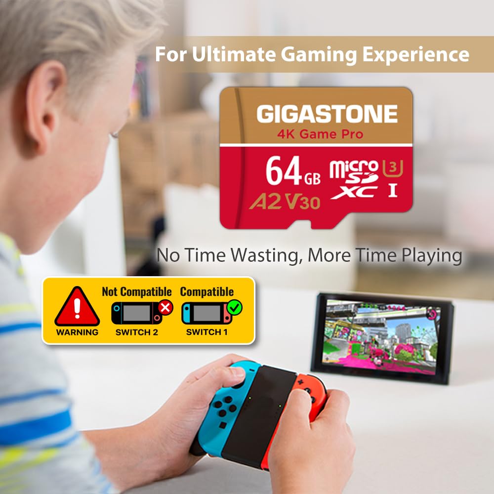 ?for Switch 1 Only? GIGASTONE 64GB Micro SD Card 2-Pack, 4K Game Pro, MicroSDXC Memory Card for Gaming Console, UHD Video, up to 95/35MB/s, UHS-I U3