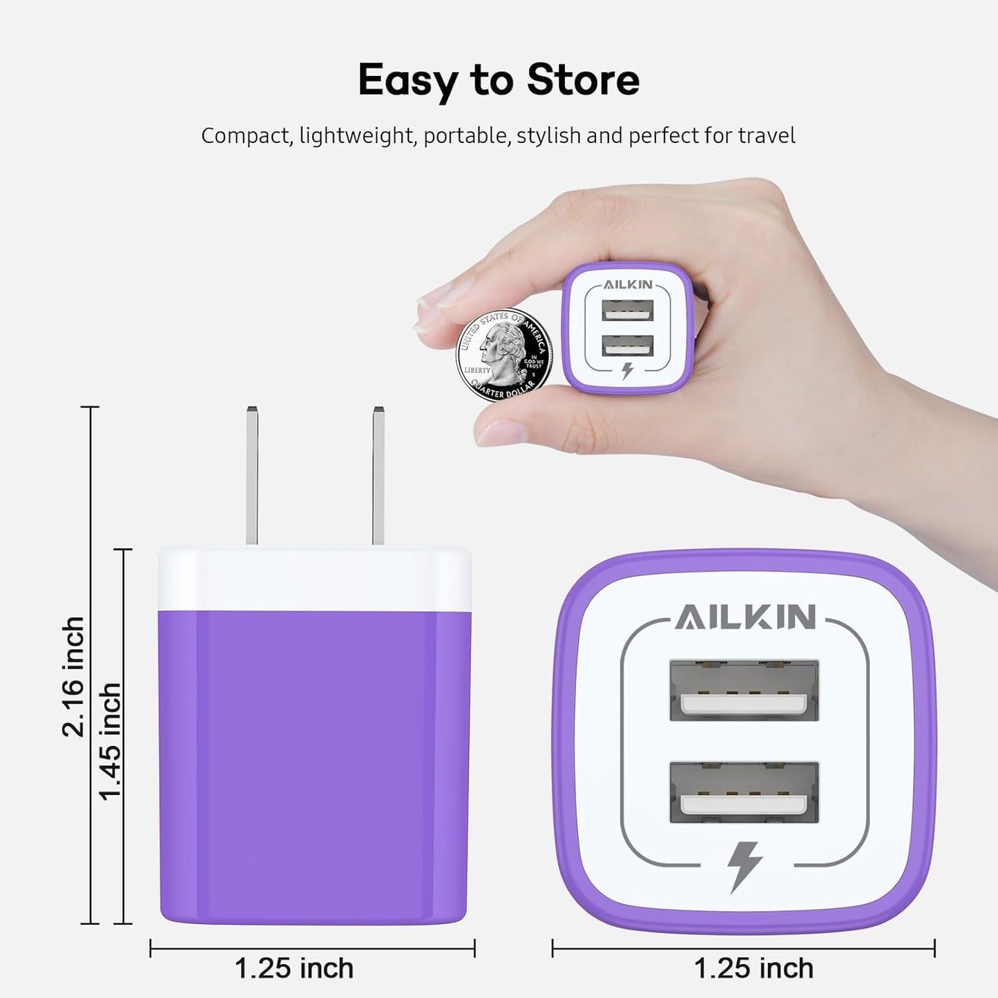 AILKIN USB Wall Charger, Charger Adapter, 2.1Amp Dual Port Quick Charger Plug Cube for iPhone, Samsung Galaxy Double USB A AC Power Adapter US