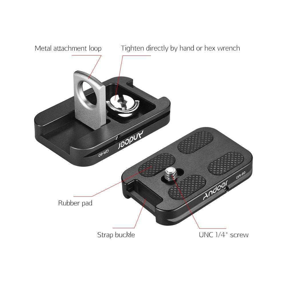 Andoer 60mm Quick Release Plate for Arca-Swiss Tripod Ball Head, with Attachment Loop