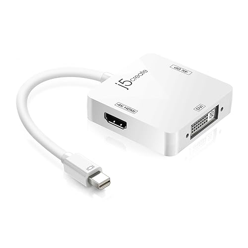 j5create Mini DisplayPort to 4k DisplayPort/4K HDMI/DVI Adapter | DisplayPort Male Connector | 3 in 1 Display Adapter | Compatible with Mac OS