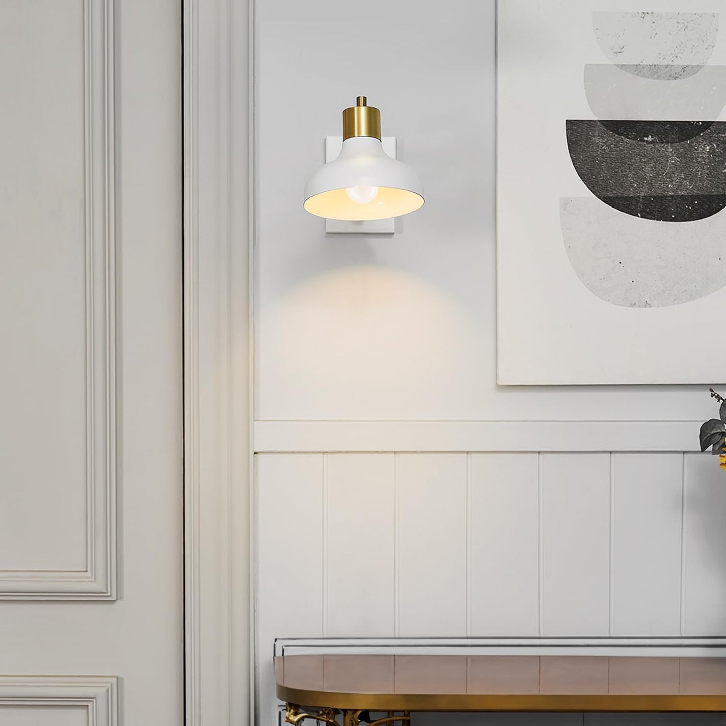 Globe Electric 51344 1-Light Plug-in or Hardwire Swing Arm Wall Sconce, White, Brass Accents, White-Cloth Cord, Mounted Bedside Lamp, Kitchen Sconces