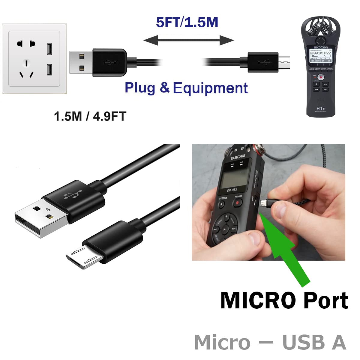 5foot DR-05x USB Charge Cable, Charging Cord Compatible for Zoom H1n/ Q2n/ H8/ F1, LiveTrak L-8, Tascam DR-05X, DR-40X, DR-07X,DR-22WL,DR-44WL,DR-70D