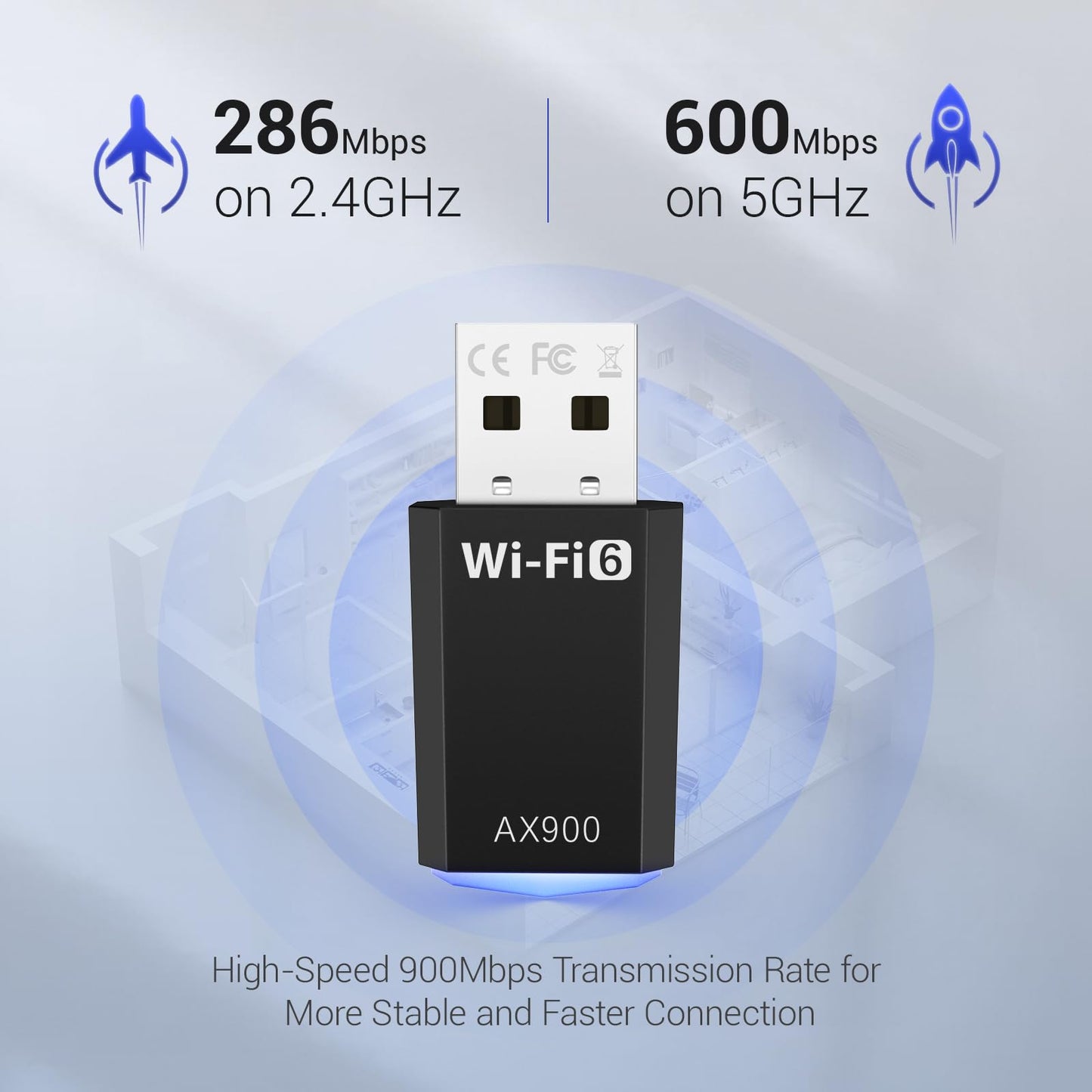WiFi Adapter for Desktop PC, AX900 USB WiFi 6 Adapter with 5GHz/2.4GHz Dual Band, WiFi Dongle Wireless WiFi Adapter for Supports Windows 10/11, WiFi 6