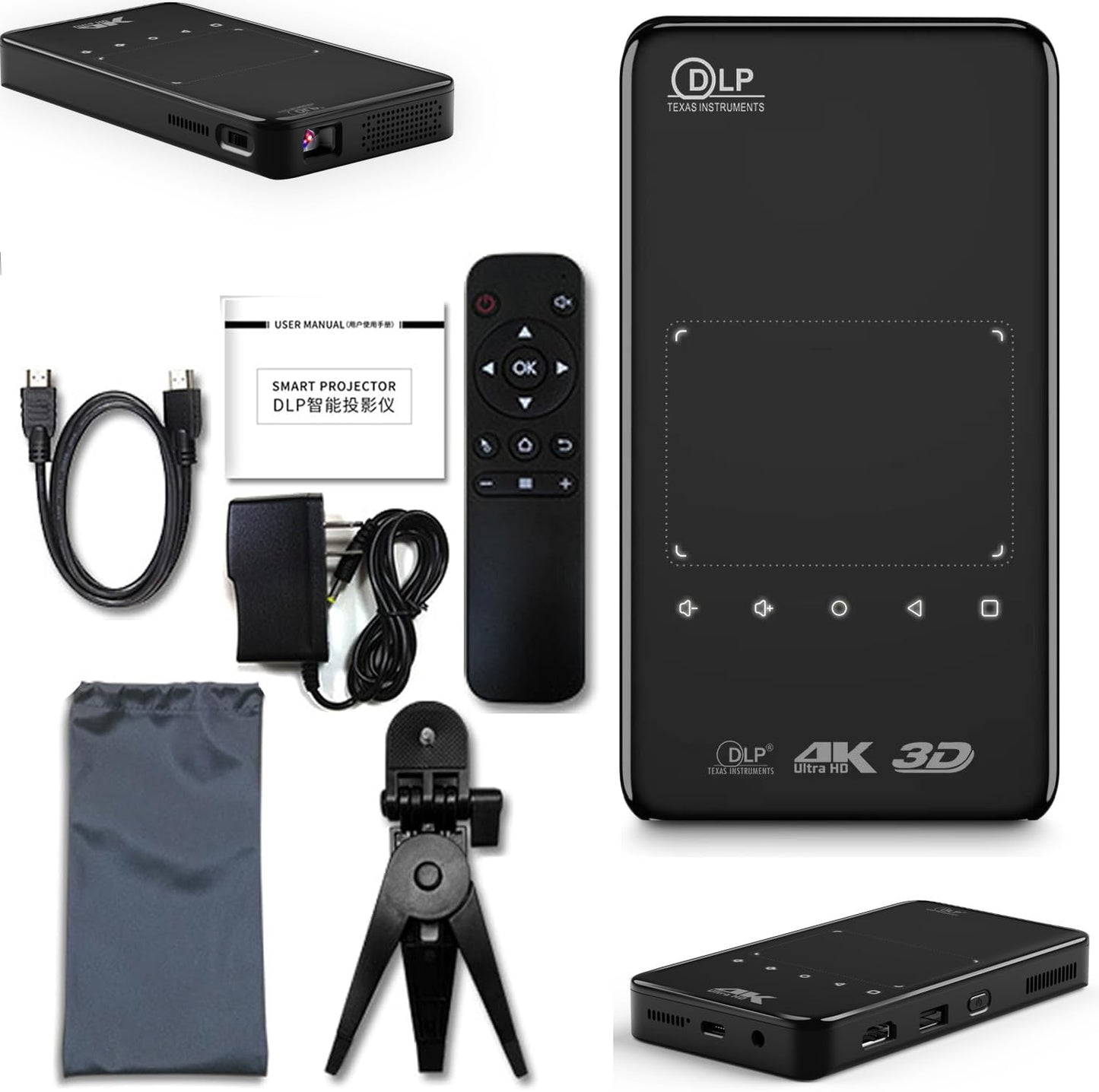 Mini Portable Pocket Smart DLP Projector Android 9.0 OS WIFI and Bluetooth, RAM 2G ROM 32GB 3D Movie Projector with Tripod & Bag, Support 4K 1080P
