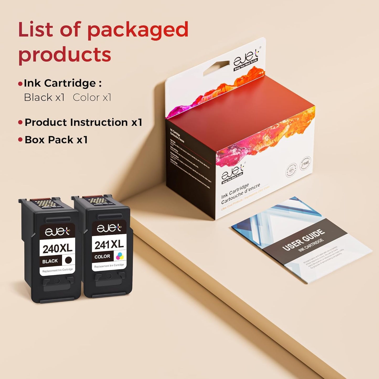 PG-240XL/CL-241XL Ink Cartridge Replacement for Canon 240XL 241XL Combo Pack 240 241 High Capacity for Canon Pixma MG3620 MG3600 TS5120 TS5100 MG3520