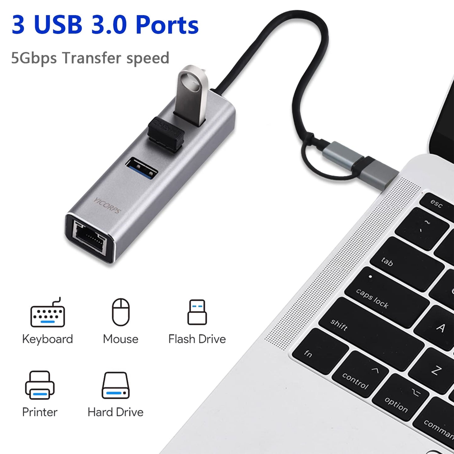 USB C to Ethernet Adapter YICORPS 3 Port USB 3.0 Expander Hub to RJ45 LAN with Gigabit Ethernet LAN Adapter for MacBook/Windows 10/8.1/Surface