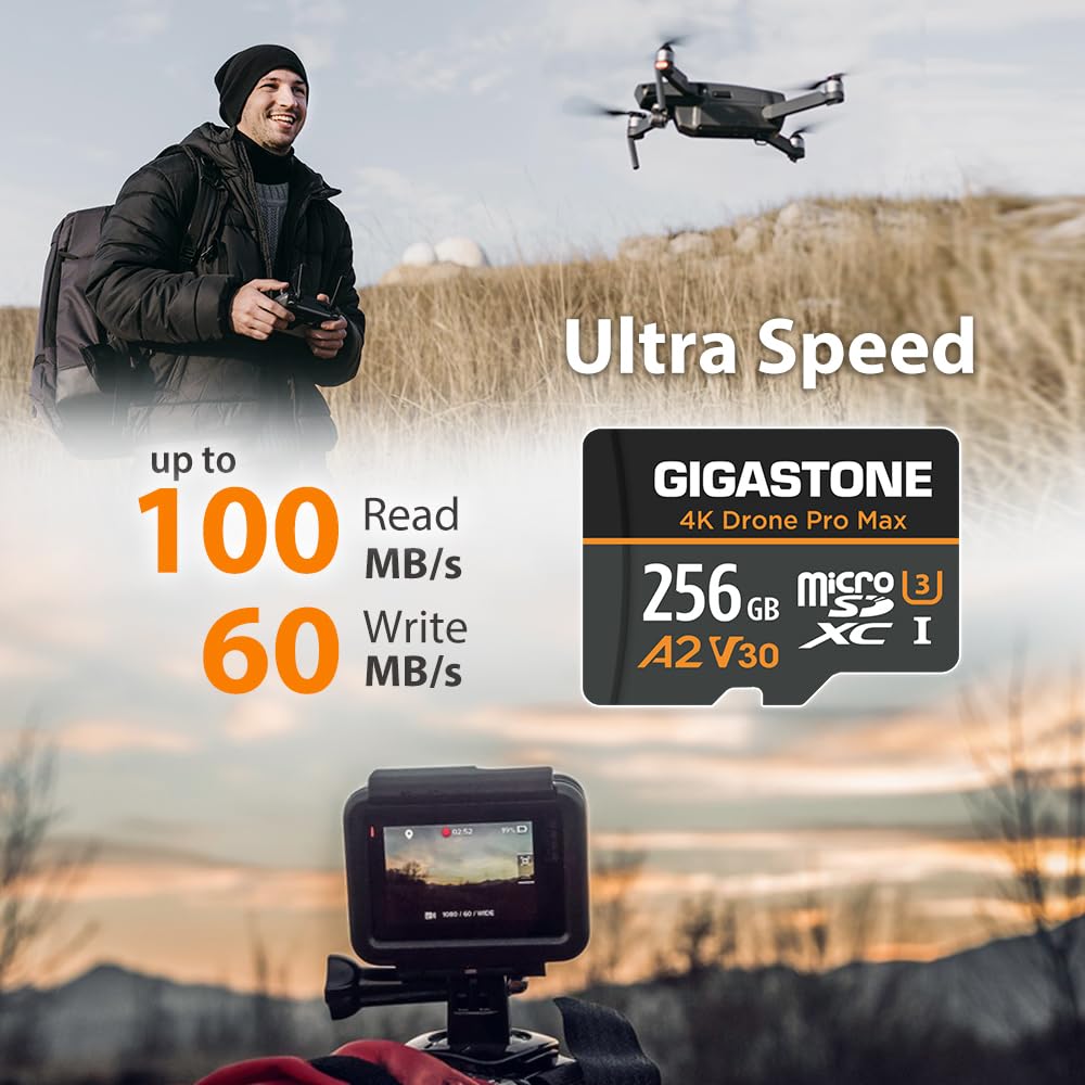 ?5-Years Data Recovery??Designed for Drone? GIGASTONE 256GB Micro SD Card, 4K Drone Pro Max, A2 V30 for DJI Drone, 4K UHD Video Recording, R/W up