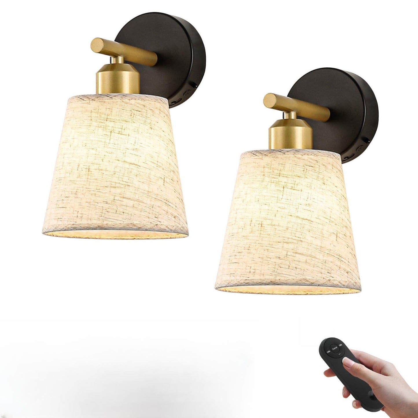JOOSENLUX Battery Operated Wall Sconce Set of 2 with Fabric Shade - Rechargeable Cordless Wall Lamps, Remote Control, Dimmable LED, Black and Gold