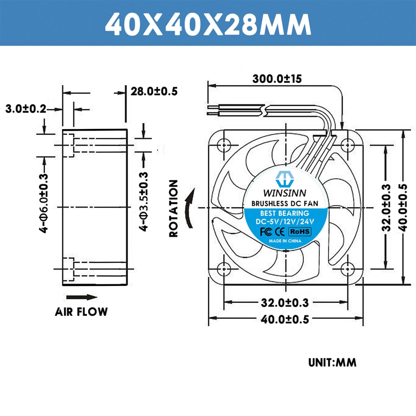 WINSINN DC 40mm Fan 24V 4028 Dual Ball Bearing Brushless Cooling 40x28mm 2PIN (Pack of 4Pcs)