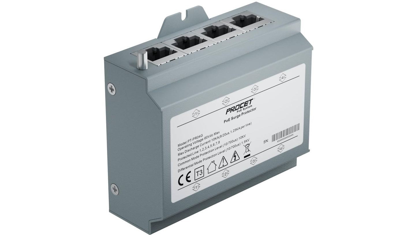PROCET Ethernet Surge Protector Gigabit - 4 Pairs Port 20KV Industrial Lightning Arrestor for -40°F to 185°F, 120W/port PoE++ RJ45 Surge Protector
