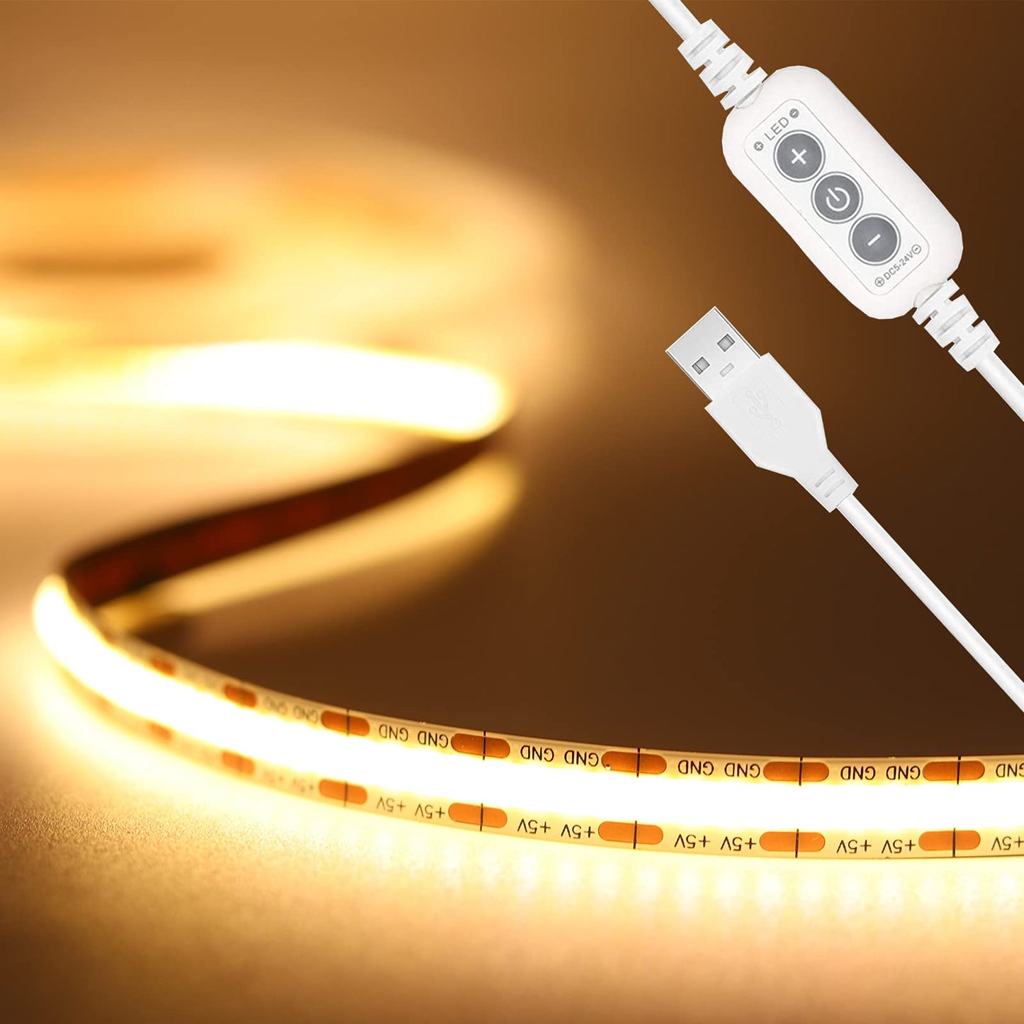 PAUTIX COB LED Strip Lights 5V USB Powered Dotless Super Bright Dimmable LED Lights 3000K Warm White 6.56ft TV Backlights,Flexible 3M Adhesive Under