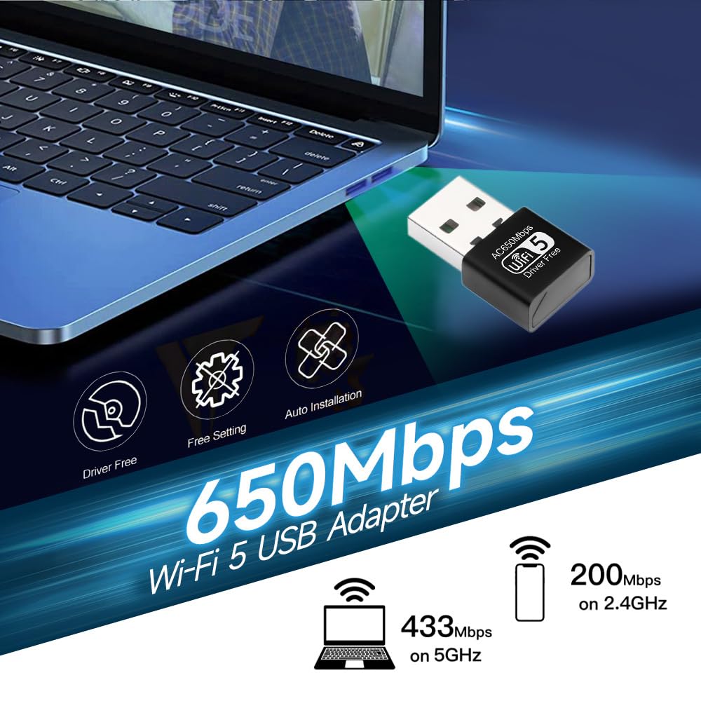 650Mbps 802.11ac Wireless USB WiFi Dongle Wi-Fi 5 Dual Band 2.4/5GHz Network Adapter Dongle for Desktop Laptop Support Windows 10/8/7/XP, MAC OS,Linux