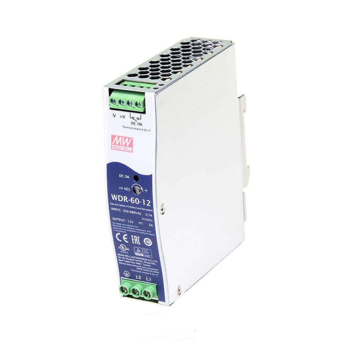 MEAN WELL WDR-60-12 Power Supply, 60W, 12V, 5A, Single-Phase, 180~550VAC Input, DIN Rail