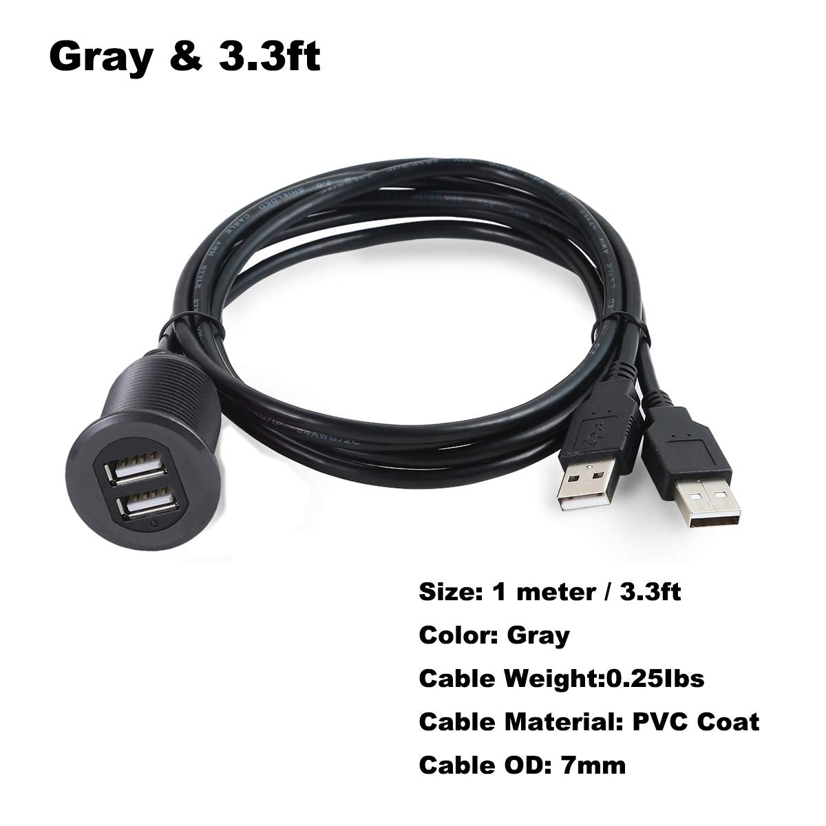 Kework 3.3ft Dual Ports USB 2.0 Flush Mount Cable, USB 2 Ports Male to 2 Ports Female Extender Dashboard Panel Mount Extension Cord for Car Truck Boat
