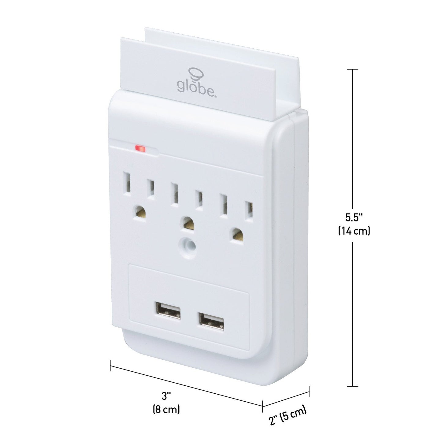 Globe Electric 78081 3-Outlet Charging Station Surge Protector Wall Tap, 2x USB Ports, Phone Holder, White Finish