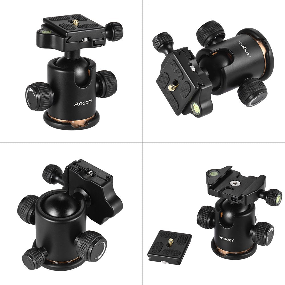 Andoer Tripod Ball Head, DSLR Camera Tripod Ball Head with 1/4 inch Quick Release Plate and Bubble Level, 360 Degree Rotating Panoramic Ball Head