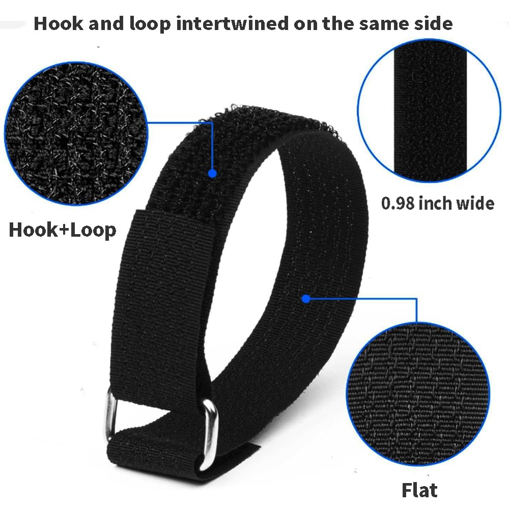 Amsthow 39ft Black Hook and Loop Straps With 50Pcs Metal Buckles 1 inch Wide Cinch Straps Nylon Long Adjustable Management Cords Organized Cable Ties